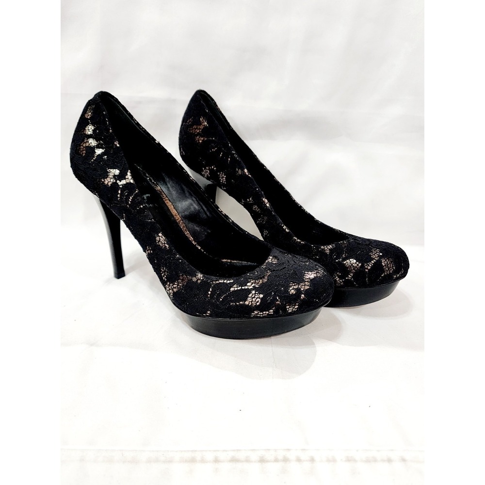 Tory Burch BLACK FABRIC LACE Mesh Silver Leather Stiletto Heel Pump High 9.5 New - Picture 2 of 16